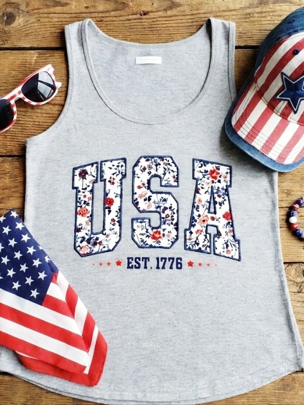 USA Floral Patriotic Tank Top • Est. 1776 • Red White Blue Floral Graphic •